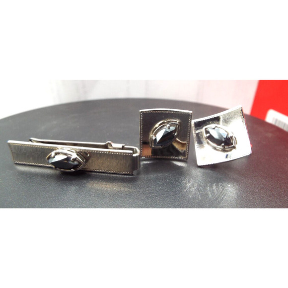 Vintage 3pc Set Anson Sterling Silver Black Onyx Cufflinks & Tie Clip - Picture 2 of 9
